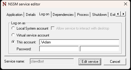 NSSM 登录账户设置